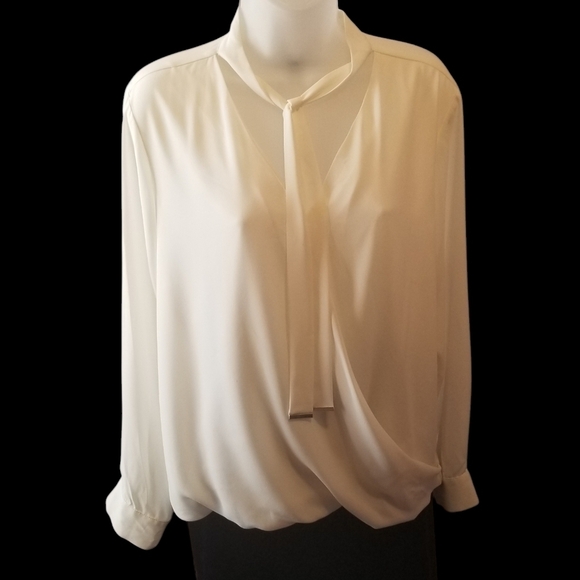 Alfani Ivory Faux Wrap, Necktie Popover Blouse PTP 22 - Picture 3 of 10
